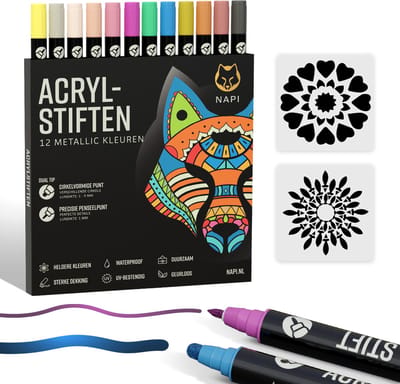 Napi Acrylstiften 12st Metallic - Brush en Fine Tip Twinmarkers - Verfstiften Happy Stones - Stenen Schilderen met Acryl Verf Marker Stiften - Volwassenen en Kinderen - Incl. 2 Mandala Sjablonen