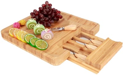 Dailygoods- Kaasplankset Bamboe - Kaasplank met Uittrekbare Lade - Kaasmessen Set - Duurzaam en Veilig - Eenvoudig Onderhoud - Elegante Servering