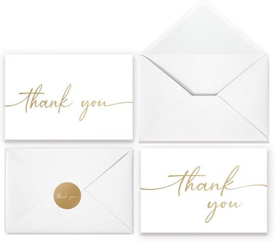 100 Bedankkaarten Set met Enveloppen en Stickers - Matte Goudfolie - Voor Zakelijk, Bruiloft en Feestelijk Gebruik