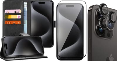 Hoesje geschikt voor iPhone 15 Pro - Screenprotector FullGuard & Camera Lens Screen Protector Zwart - Book Case Kunstleer Pasjeshouder Zwart