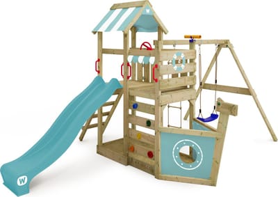 Wickey SeaFlyer Speeltoestel - Schommel en Touwladder met Glijbaan - Klimwand & Zandbak - 367x451x260 cm - Pastelblauw