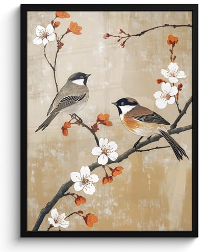 Poster in lijst - Fotolijst 60x80 cm - Posters - Vogels - Bloesemtak - Bloemen - Oranje - Posterlijst zwart - Decoratie - Wanddecoratie woonkamer - Muurdecoratie slaapkamer