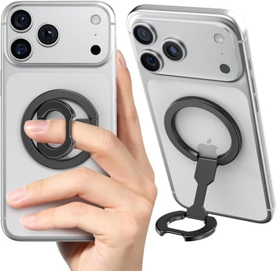 4-in-1 Magnetische Telefoon Grip met Super Stabiliteit, Kickstand en Vingerlus, Geschikt voor iPhone 17/16/15/14/13 Series en Hoes (Zwart)