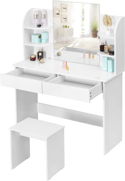 Kaptafel Make-up tafel met Spiegel en Kruk - Wit 108x40x142cm