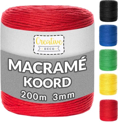 Creative Deco Macrame Koord Katoenen Koord | Rood 200 m | 2-3 mm Dikte