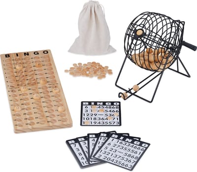 bingospel - molen - 18 kaarten - 75 ballen - 150 fiches - controlebord - hout - natuur/zwart