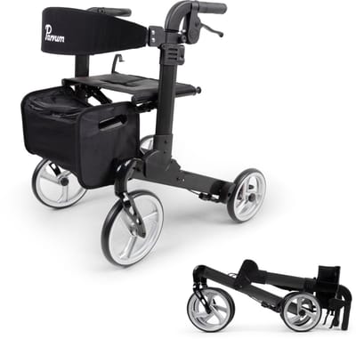 Parvum Luxo Rollator - Luxe dubbel opvouwbare rollator (6,8kg) - Incl. stokhouder, tas & rugleuning - Antraciet, Small