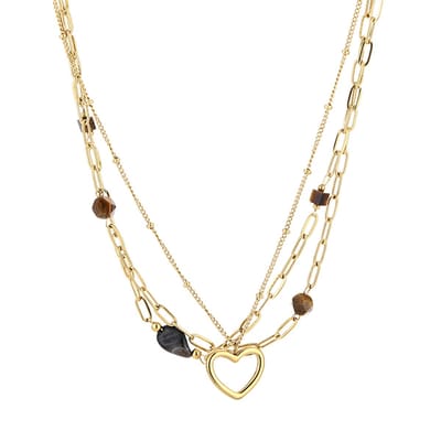 Layered Dames Ketting met Hartje & Natuursteen Bruin – Goudkleurig Stainless Steel – Kleurvast – Verstelbaar 40 + 5 cm