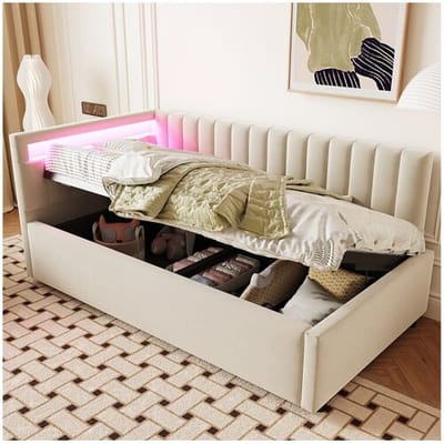 Merax Bed met opbergruimte 90 x 200 cm met verwisselbaar hoofdeinde - LED's - Fluweel - Beige