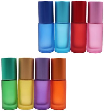 JHUBERS- Roll-on Flessen 5ml - 8 Stuks - Multicolored - Glazen Flessen - Roestvrij Stalen Ballen - Voor Essentiële Olie/Aromaolie - Rollerflessen
