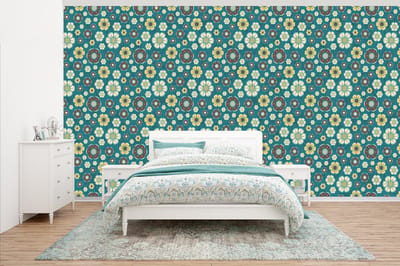 Behang - Fotobehang Retro - Bloemen - Patronen - Blauw - Breedte 500 cm x hoogte 280 cm