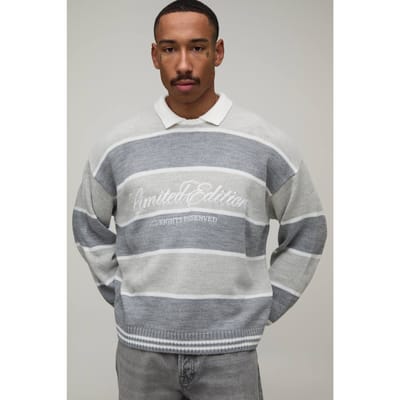 Relaxed Varsity Striped Embroidered Knitted Polo T-Shirt Jumper | Grey | Size XL