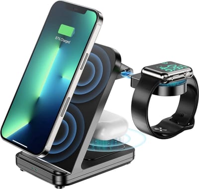 Oplader 3 in 1 draadloze Oplader 15w - Oplaadstation Opvouwbaar - Draadloze snellader Geschikt voor iPhone 16/ 16 Pro / 15 / 15 Pro /13/ 14 pro max - Wireless Charger - Qi Lader - Geschikt voor iPhone,iWatch & AirPods - Zwart