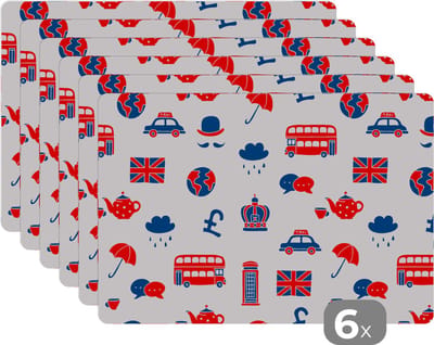 Placemat - Placemats kunststof - Engeland - Patronen - Londen - 45x30 cm - 6 stuks - Hittebestendig - Anti-Slip - Onderlegger - Afneembaar