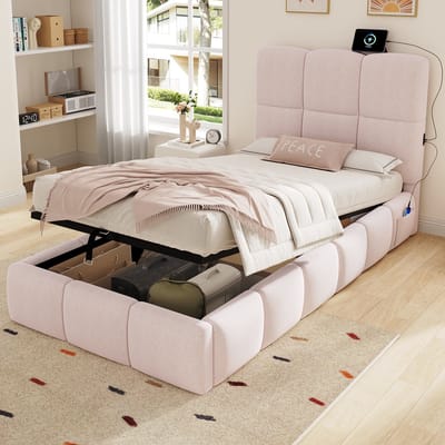 Kinderbed 90 x 200 cm - met opbergruimte en USB-oplaadpoort - gestoffeerd hoofdeinde - fluweel - roze