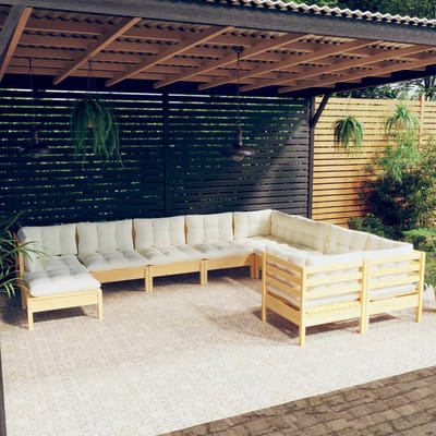 vidaXL - 10-delige - Loungeset - met - crèmekleurige - kussens - grenenhout