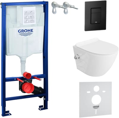 GROHE SOLIDO LAVITA SALTO - Inbouwreservoir WC - Zwarte Even drukplaat - Wit hoogglans rimless wandcloset Complete Set