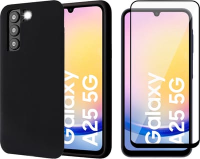 Hoesje geschikt voor Samsung Galaxy A25 / A24 - Screenprotector Volledig Dekkend Glas - Mat Back Case Zwart