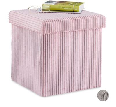 poef - opvouwbaar - ribstof - met deksel - opbergruimte - 38 x 38 x 38 cm - roze