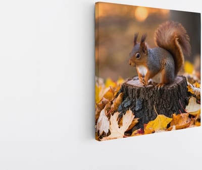 Saammp Canvas Schilderij - Eekhoorn op boomstam - Natuur - Dieren - 20x20 - Foto op canvas - Wanddecoratie - Muurdecoratie Woonkamer - Slaapkamer decoratie - Canvas Print
