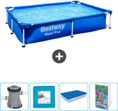 Bestway Rechthoekig Steel Pro Zwembad - 221 x 150 x 43 cm - Blauw - Inclusief Pomp - Vloertegels - Afdekzeil - Zwembadgids
