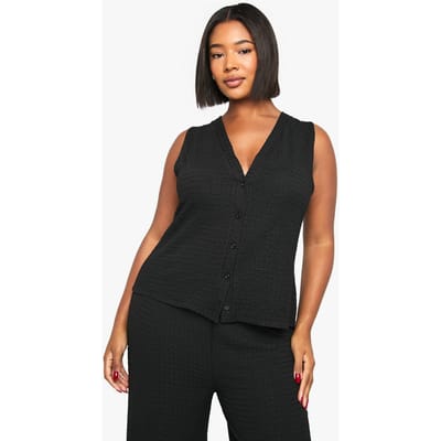 boohoo Dames Plus mouwloze top met textuurrijke doorlopende knoopsluiting | Zwart | Maat: 44