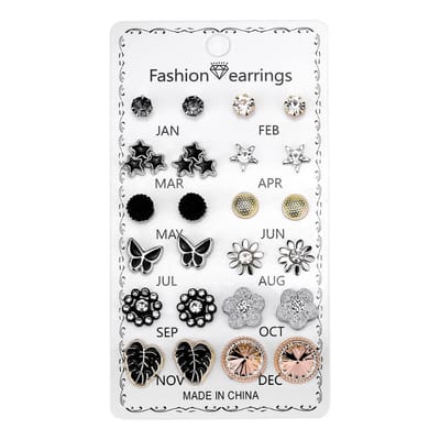 Fako Bijoux® - 12 Paar Oorbellen Op Kaart - Steker - Mix - 12 Paar - Jaarkaart - Happiness