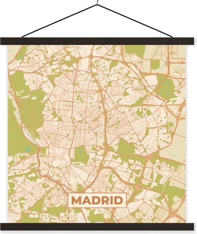 Posterhanger incl. Poster 60x60 cm - Schoolplaat - Madrid - Stadskaart - Kaart -Plattegrond - Vintage - Textielposter - Zwarte latten - Stadskaart