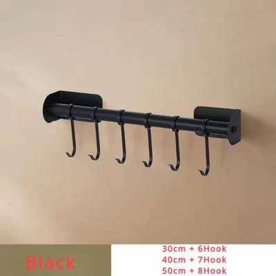 Crochet sans trou Blanc Simple Multifonctionnel Acier Inoxydable Étagères Murales Rangement Porte-ustensiles Organisateur d'Accessoires de Cuisine 30CM   6HOOK noir