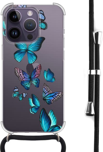 Hoesje met koord - Geschikt voor iPhone 14 Pro Max - Vlinders blauw - Verstelbaar zwart koord - Transparant, Blauw - Print / Illustratie - Leuke Telefoonhoesjes