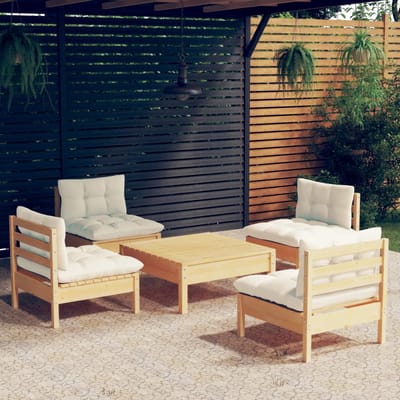 vidaXL - 5-delige - Loungeset - met - crèmekleurige - kussens - grenenhout