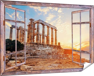 Gards Tuinposter Doorkijk Tempel van Poseidon in Athene, Griekenland - 180x120 cm - Tuindoek - Tuindecoratie - Wanddecoratie buiten - Tuinschilderij