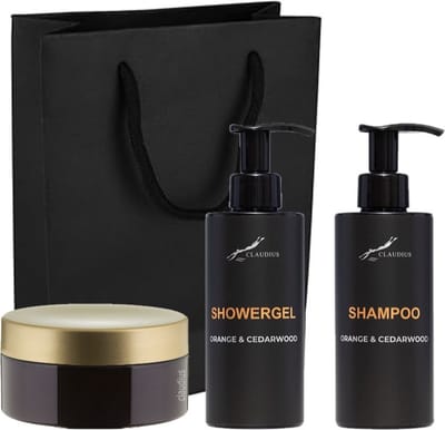 Douchepakket Sweet Orange & Cedarwood - Showergel + Shampoo + Scrubzout 300 gram - 300 ml per fles - set van 3 stuks - met luxe gift tas - cadeau - giftset voor hem en haar