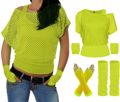 Dailygoods- Jaren 80 Outfit - Meshshirt - Tanktop - Beenwarmers - Nethandschoenen - Neonkleuren - 8 Stuks Set - Thema Outfit
