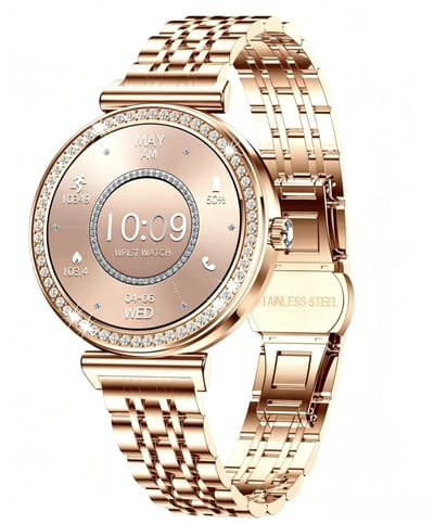 Knobbout Luxe Dames Smartwatch 1.27” Scherm met Kristallen – Bluetooth Bellen – HD Touchscreen – Hartslag, Bloeddruk & SpO₂ Monitoring – Vrouwelijke Gezondheidsfuncties – AI spraakassistent– IP68 Waterdicht – Rosé goud stalen horlogeband