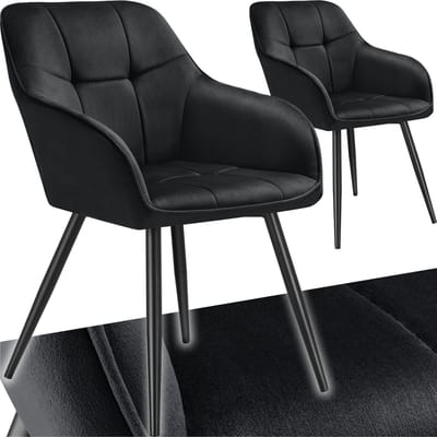 tectake® Eetkamerstoelen Marilyn - Set van 2 - Gestoffeerde Stoel in Fluweellook - Stikpatroon - Zwarte Stoelpoten - Ergonomische Keukenstoel - Doorlopende Rugleuning en Armleuningen - Stoel voor Woonkamer, Eetkamer, Slaapkamer - Zwart