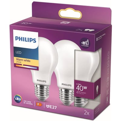 Philips LED lamp - Standaard lampvorm met E27 fitting - Warmwit licht: 2700K - 40W - Mat glas - 2-pack