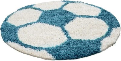 Vloerkleed kinderkamer - Voetbal - turquoise, wit - rond 100 cm
