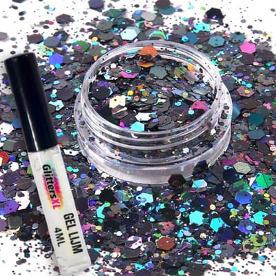 Festival Chunky Glitters Zilver/Zwart 8g + Glitter Huid Lijm 4ML - Biologisch Afbreekbaar - Glitter voor Lichaam en Gezicht - Face & Body Make-up Jewels - Glitter Tattoo Set - Carnaval Accessoires - Carnaval Glitters Gezicht