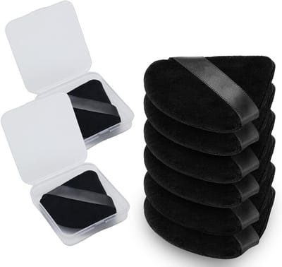Set van 6 Driehoekige Poederkwasten met 2 Reis Etuis, Ideaal voor Fixeerpoeder, Foundation en Losse Poeder, Zachte Velours Make-up Puff in Zwart