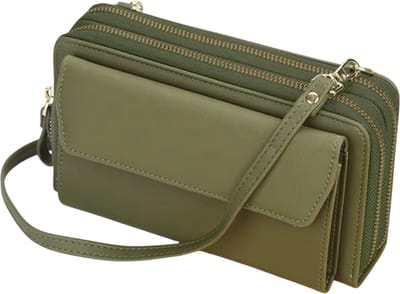 Dames Lange Portemonnee Crossbody Tas - Grote Capaciteit Clutch met Dubbele Rits, Schoudertas voor Mobiele Telefoon en Kaarten - Groen