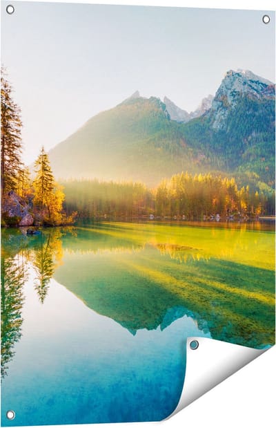 Gards Tuinposter Zonsopgang bij het Meer in de Herfst - 60x80 cm - Tuindoek - Tuindecoratie - Wanddecoratie buiten - Tuinschilderij