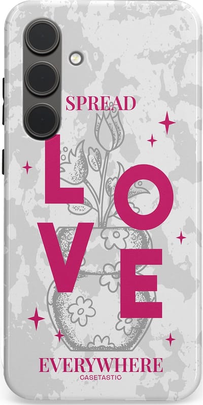 Casetastic hoesje geschikt voor Samsung Galaxy S24 Plus - Dubbellaagse bescherming - Spread Love Everywhere - Grijs Roze - Valentijn - Valentine - Fashion Case - Lichtgrijs Wit Roze