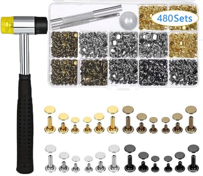 480 sets lederen klinknagels, 4 kleuren, dubbele klinknagels, 3 maten