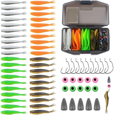 Dailygoods- Rubberen Visaas Set - 66 Stuks - Zacht Rubber - 7 cm - Snoekbaars - Forel - Opbergdoos 8,5 x 3 cm - 4 Kleurencombinaties - Kunstaas