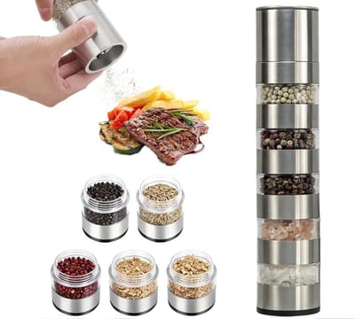 Set van Mini Kruidenglazen met Kruidmolen, 5-in-1 RVS Kruidenshaker voor Thuis, Picknick en Reizen, Ideaal voor Koken en Barbecue