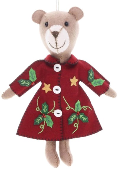 Beer met kerstjurk bruin/ rood, vilt 23cm