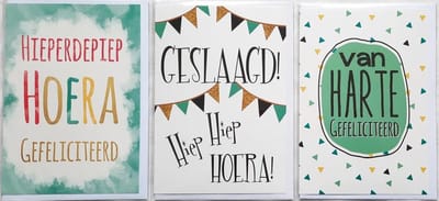 3 Wenskaarten - Geslaagd + Van Harte Gefeliciteerd + Hiep Hiep Hoera - 12 x 17 cm – GES-304