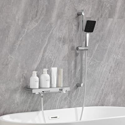 Auralum Max Pianotoetsen Doucheset met Badkraan - Piano button - 2 Functies - Mengkraan met Groot Opbergplatea - Handdouche met 6 functies - 70 cm Verstelbare Douchestang - Complete set - Chroom