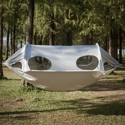 Dubbele Hangmat - Kampeerhangmat Reishangmat - Ontspannen Buiten - Met Klamboe Luifel - 270x140cm - Zilver